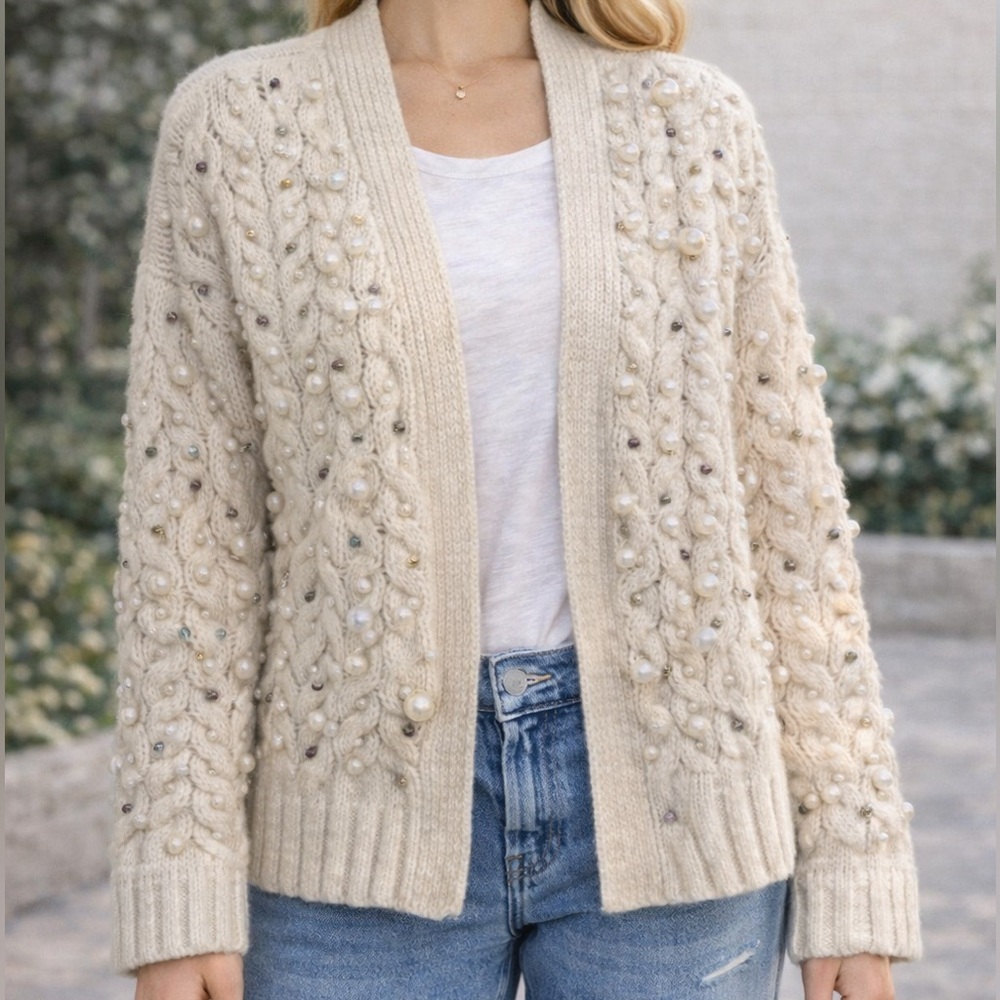 Anthropologie Pearl and Bead Embellished Soft Cardigan Sweater